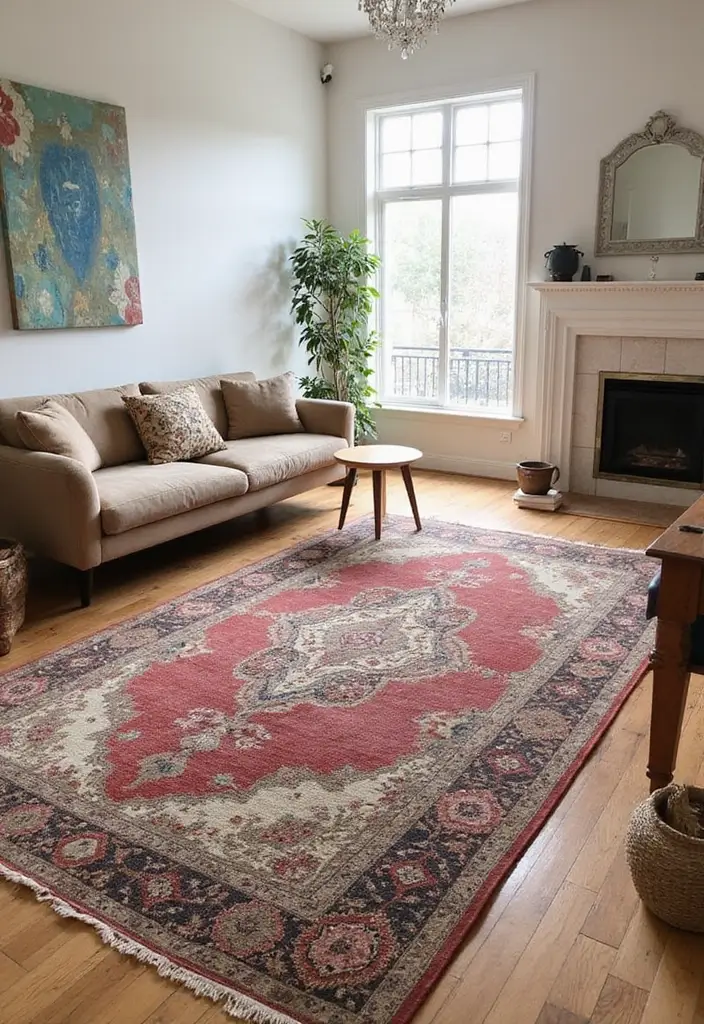 27 Natural Tones Living Room Ideas That Feel Calm and Organic - 26. The Charm of Vintage Rugs
