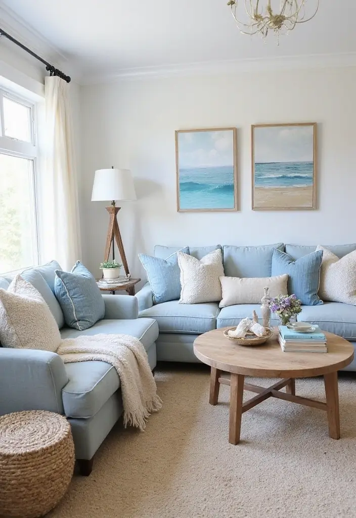 27 Natural Tones Living Room Ideas That Feel Calm and Organic - 6. Coastal Blues with Sandy Accents