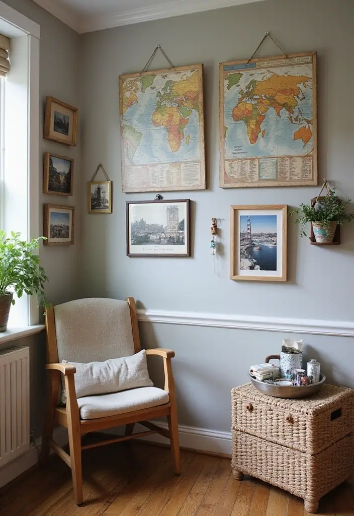 27 Nook Ideas Living Room That Create Cozy Corners - 20. The Travel Inspiration Nook