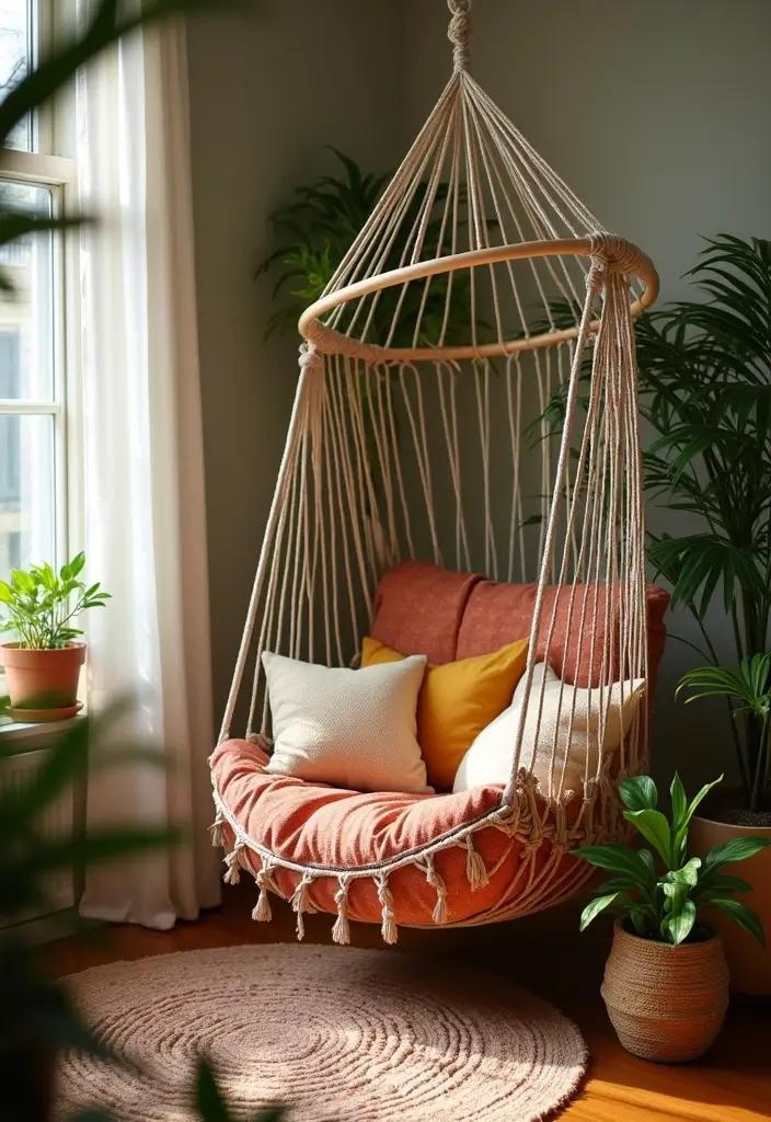 27 Nook Ideas Living Room That Create Cozy Corners - 24. The Dreamy Hammock Nook