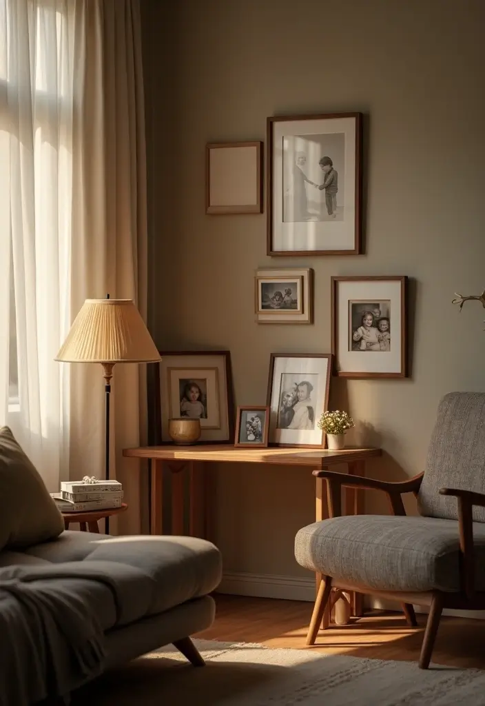 27 Nook Ideas Living Room That Create Cozy Corners - 25. The Family Photo Nook