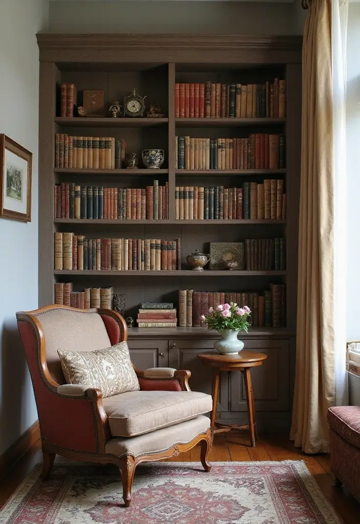 27 Nook Ideas Living Room That Create Cozy Corners - 26. The Vintage Book Nook