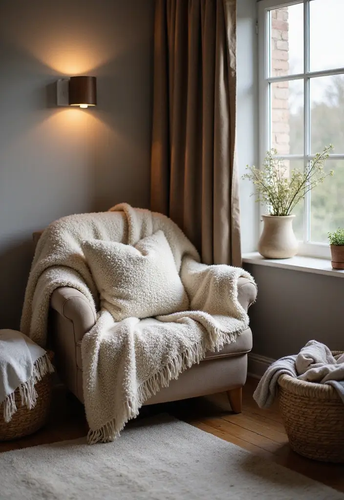 27 Nook Ideas Living Room That Create Cozy Corners - 27. The Cozy Blanket Nook