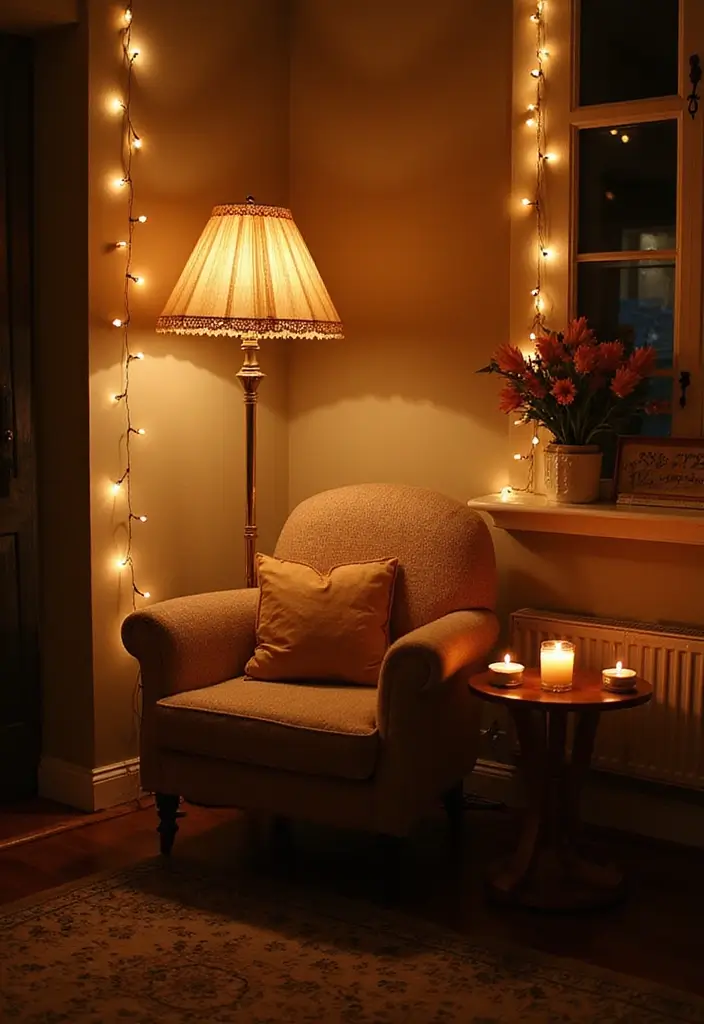27 Nook Ideas Living Room That Create Cozy Corners - 6. The Soft Lighting Lounge