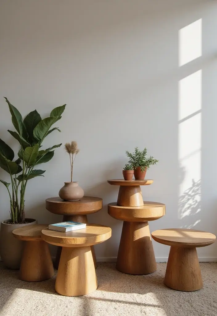 27 Side Table Ideas Living Room That Feel Functional and Decorative - 25. Artistic Stacked Side Tables