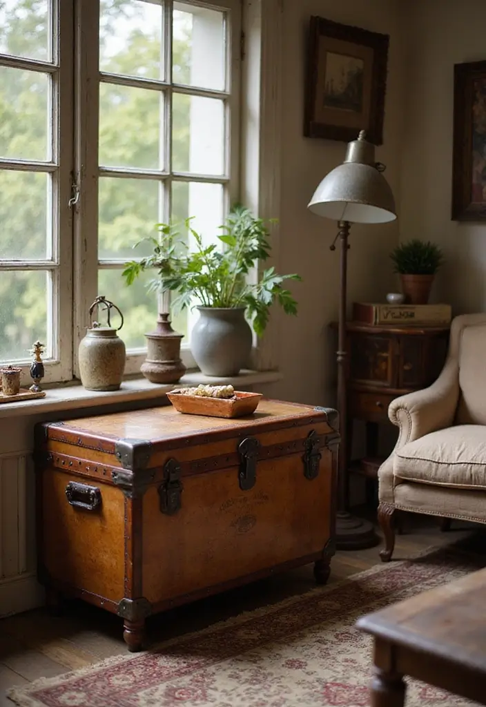 27 Side Table Ideas Living Room That Feel Functional and Decorative - 6. Vintage Trunks as Side Tables