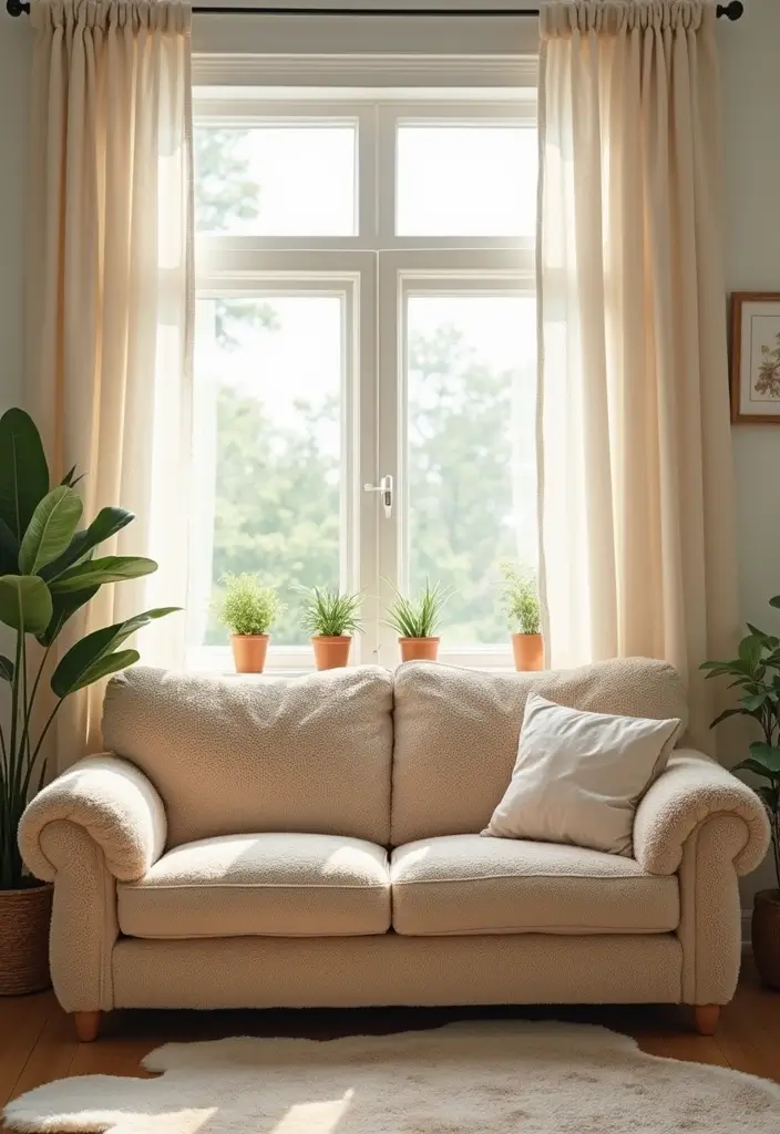 27 Teddy Sofa Living Room Design Ideas That Feel Soft and Playful - 10. Teddy Sofa by the Window