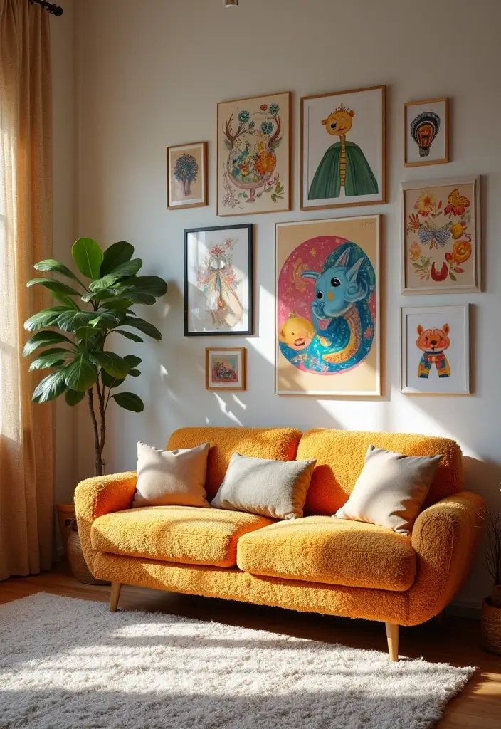 27 Teddy Sofa Living Room Design Ideas That Feel Soft and Playful - 12. Playful Art Displays