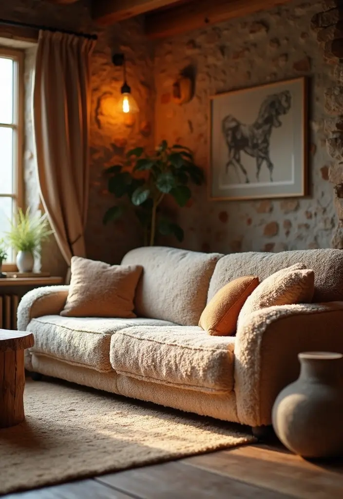27 Teddy Sofa Living Room Design Ideas That Feel Soft and Playful - 13. Rustic Teddy Sofa Style