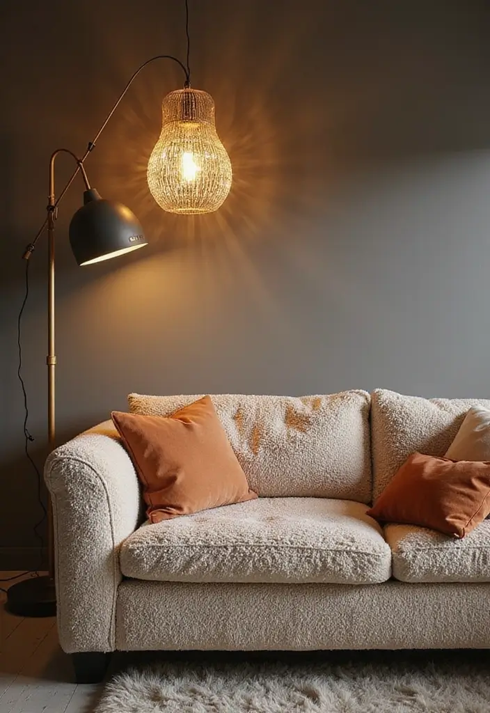 27 Teddy Sofa Living Room Design Ideas That Feel Soft and Playful - 16. Teddy Sofa with Statement Lighting