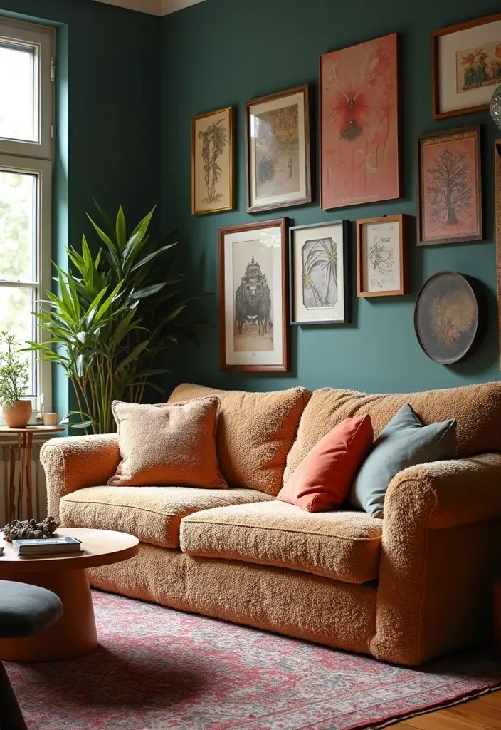 27 Teddy Sofa Living Room Design Ideas That Feel Soft and Playful - 17. Eclectic Mixed Styles