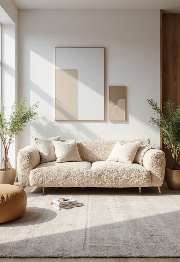 27 Teddy Sofa Living Room Design Ideas That Feel Soft and Playful - 18. Floating Teddy Sofa