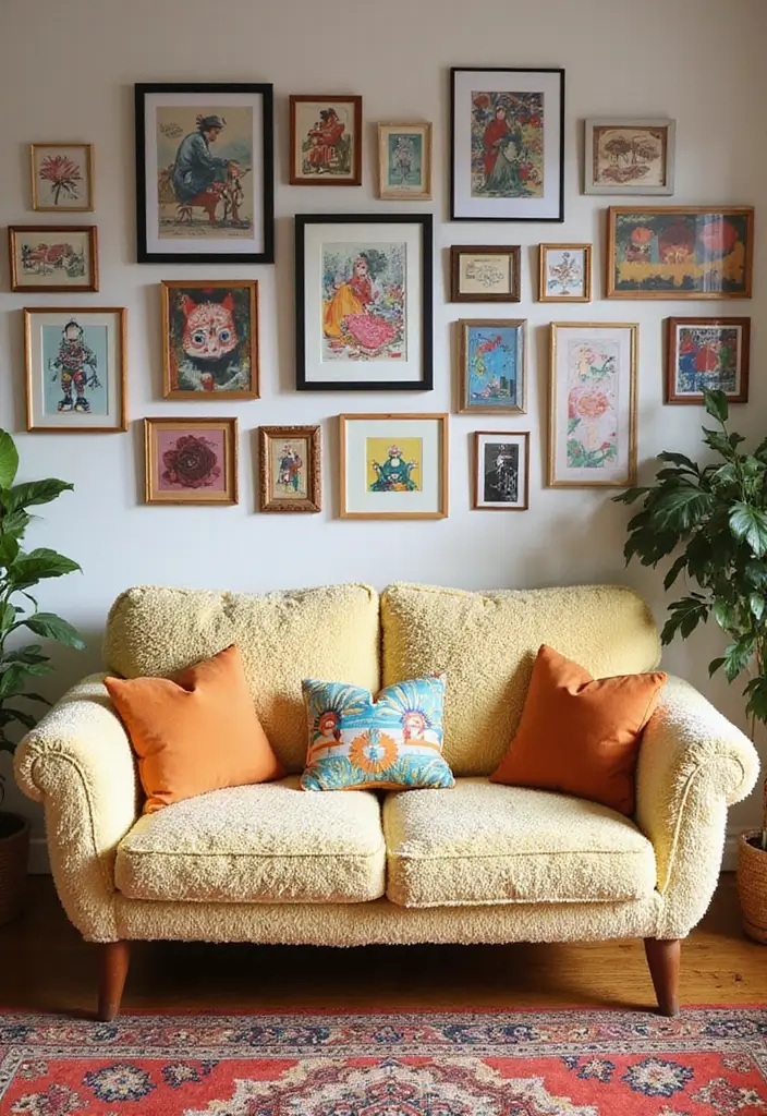 27 Teddy Sofa Living Room Design Ideas That Feel Soft and Playful - 19. Teddy Sofa with a Playful Gallery Wall