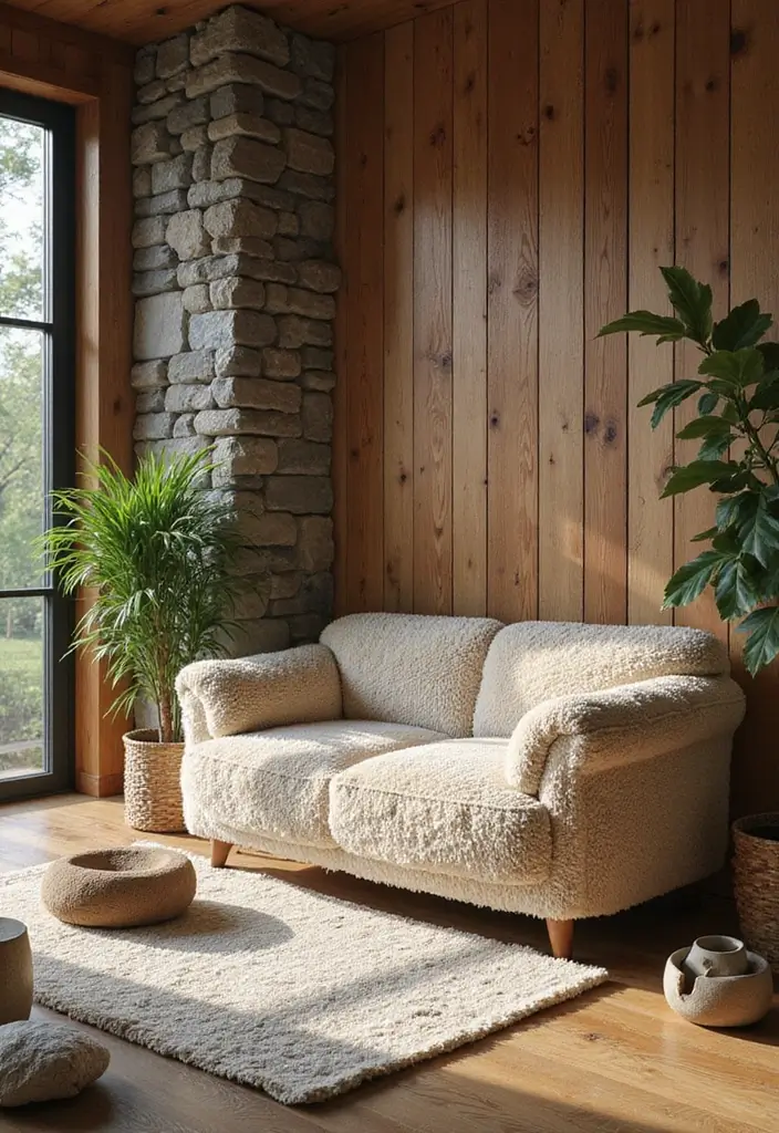 27 Teddy Sofa Living Room Design Ideas That Feel Soft and Playful - 20. Teddy Sofa and Natural Elements