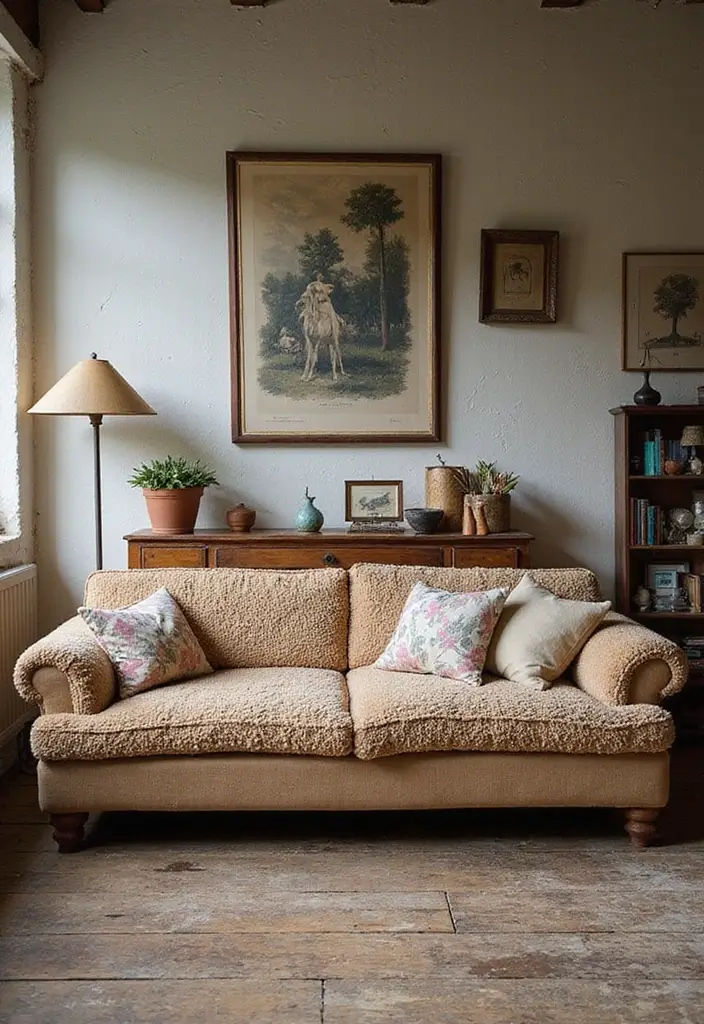 27 Teddy Sofa Living Room Design Ideas That Feel Soft and Playful - 21. Teddy Sofa with Vintage Finds