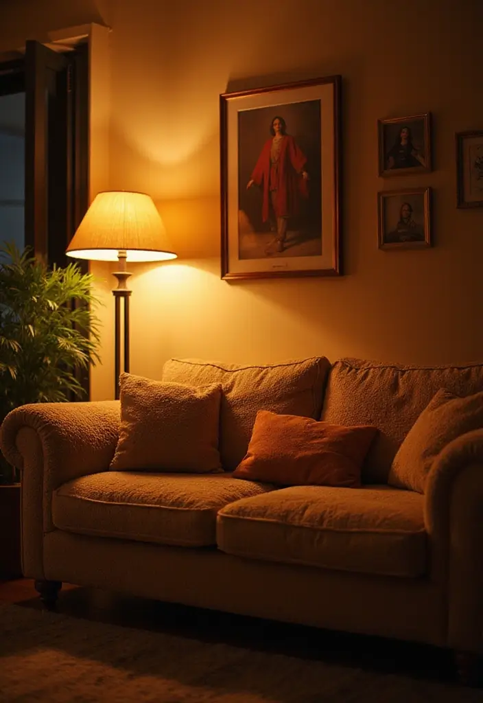 27 Teddy Sofa Living Room Design Ideas That Feel Soft and Playful - 22. Teddy Sofa with Warm Lighting