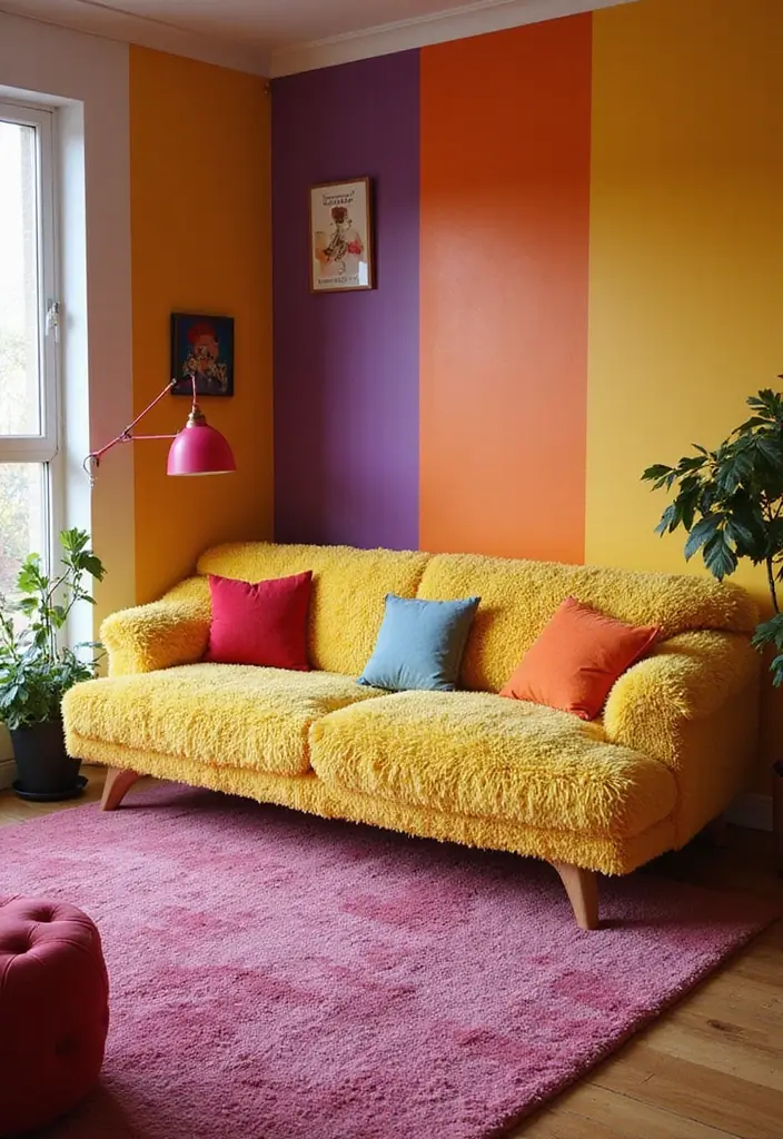 27 Teddy Sofa Living Room Design Ideas That Feel Soft and Playful - 23. Teddy Sofa with Bold Color Accents