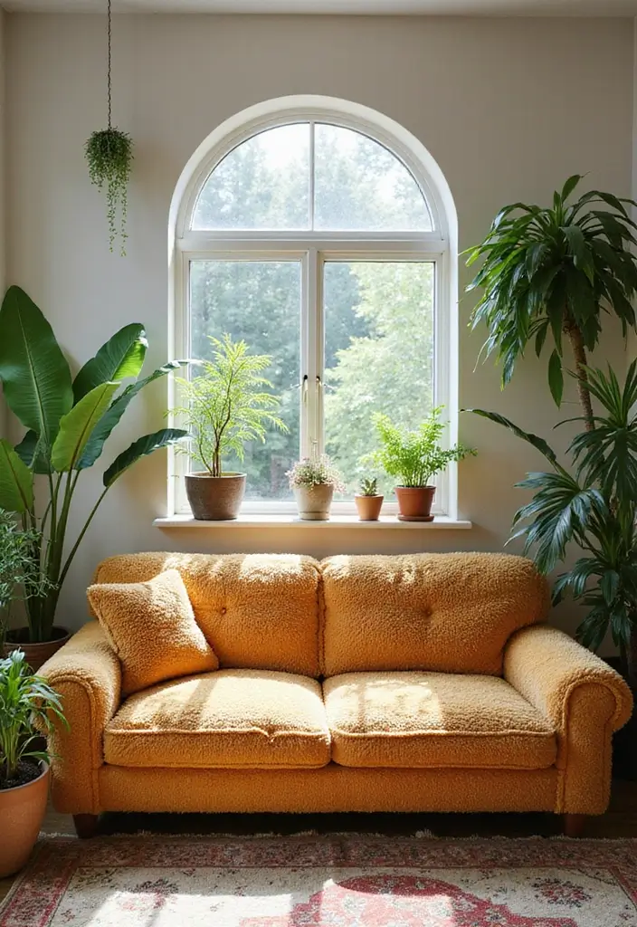 27 Teddy Sofa Living Room Design Ideas That Feel Soft and Playful - 24. Teddy Sofa with Indoor Plants