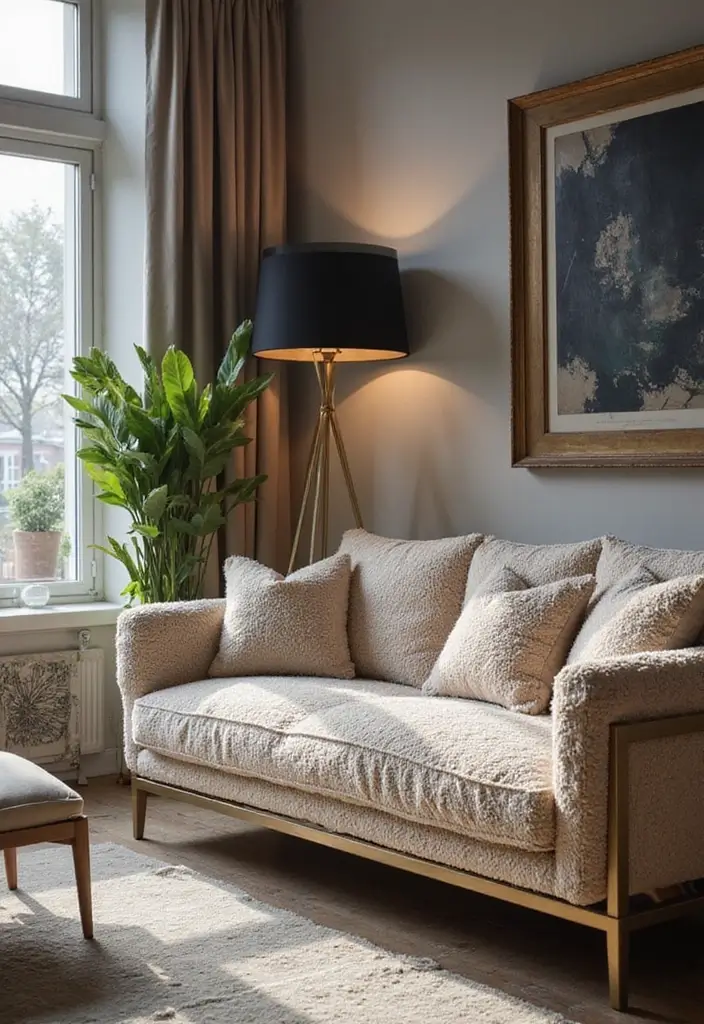 27 Teddy Sofa Living Room Design Ideas That Feel Soft and Playful - 26. Mixing Metal Accents