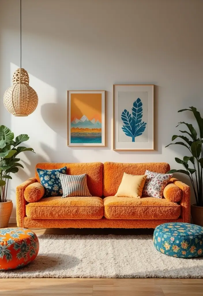 27 Teddy Sofa Living Room Design Ideas That Feel Soft and Playful - 6. Playful Patterns