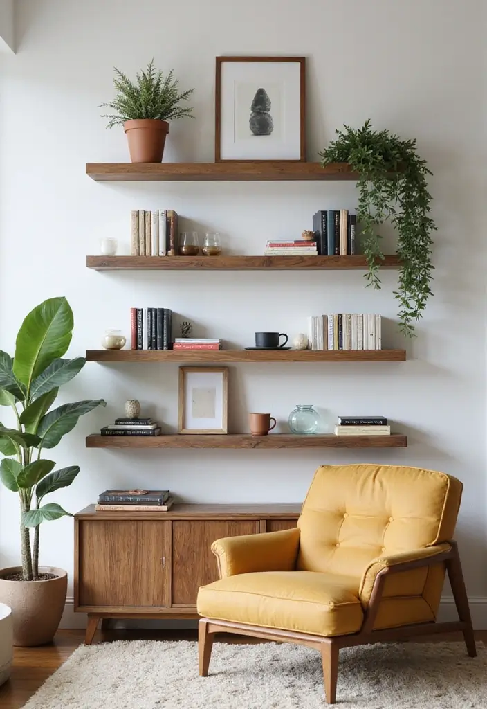 27 Vibey Living Room Aesthetic Ideas That Feel Chill and Modern - 10. Open Shelving with Style