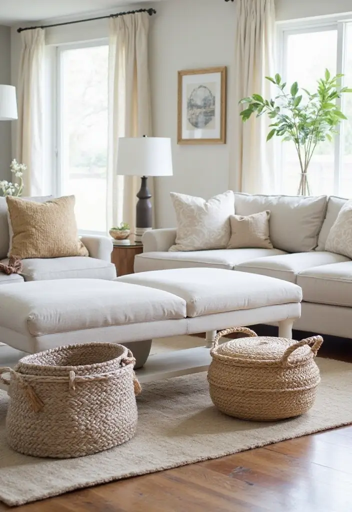 27 Vibey Living Room Aesthetic Ideas That Feel Chill and Modern - 12. Functional Yet Stylish Storage Solutions