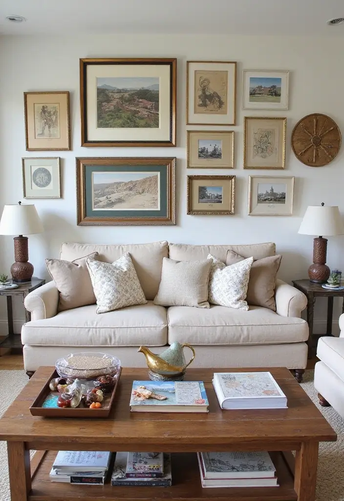 27 Vibey Living Room Aesthetic Ideas That Feel Chill and Modern - 18. Personal Touches with Travel Mementos