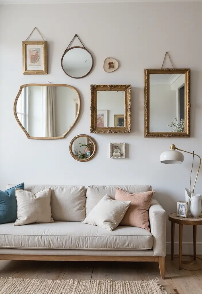 27 Vibey Living Room Aesthetic Ideas That Feel Chill and Modern - 22. Incorporating Mirrors