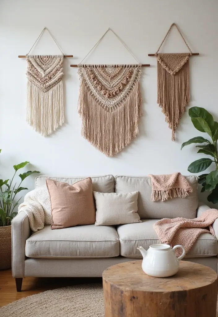 27 Vibey Living Room Aesthetic Ideas That Feel Chill and Modern - 27. Fun Textile Wall Hangings