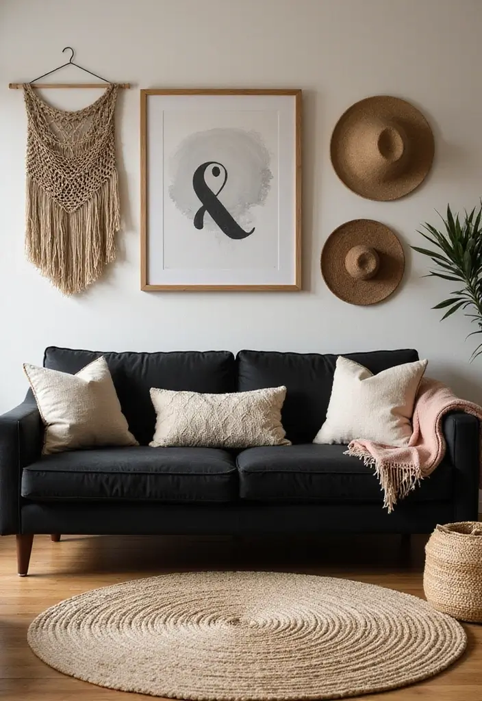 28 Black Couch Boho Living Room Ideas That Feel Cool and Eclectic - 1. Earthy Textures and Patterns