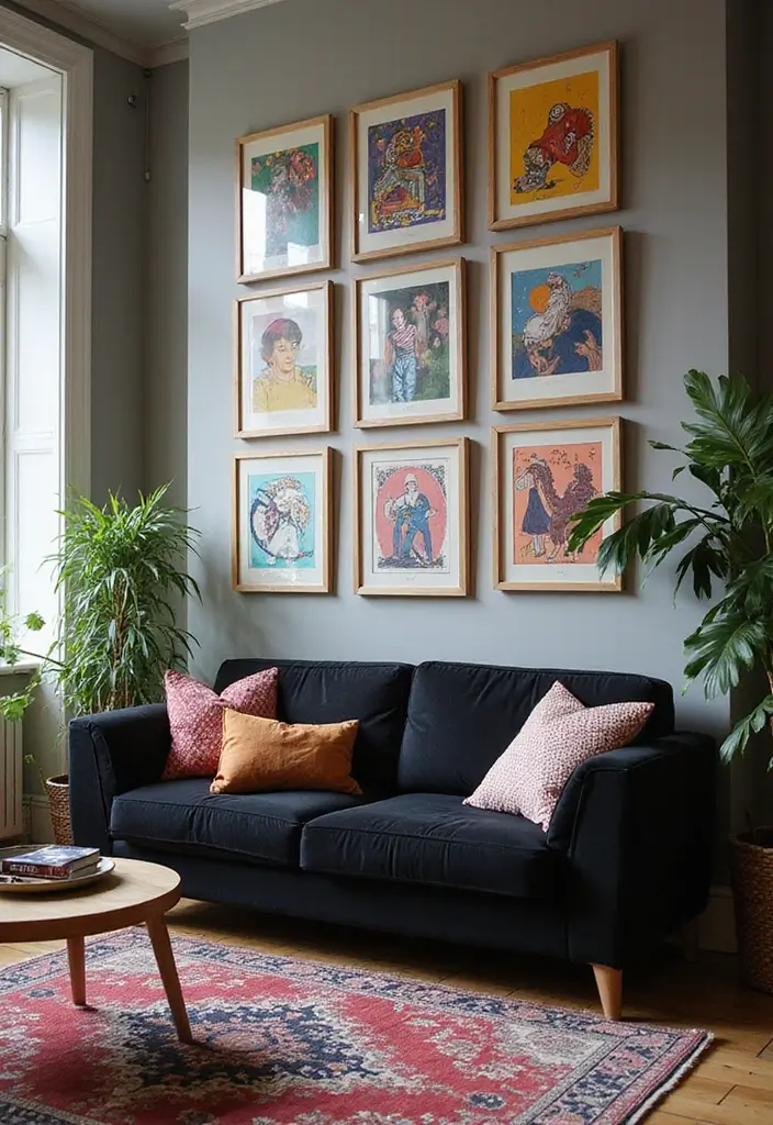 28 Black Couch Boho Living Room Ideas That Feel Cool and Eclectic - 10. Colorful Artwork Displays