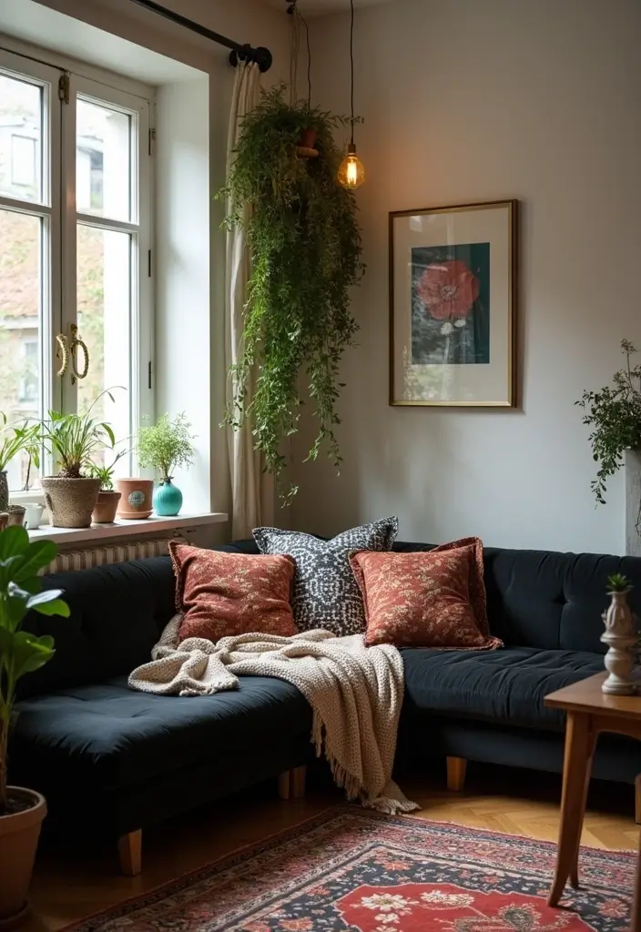 28 Black Couch Boho Living Room Ideas That Feel Cool and Eclectic - 11. Cozy Corner Nooks