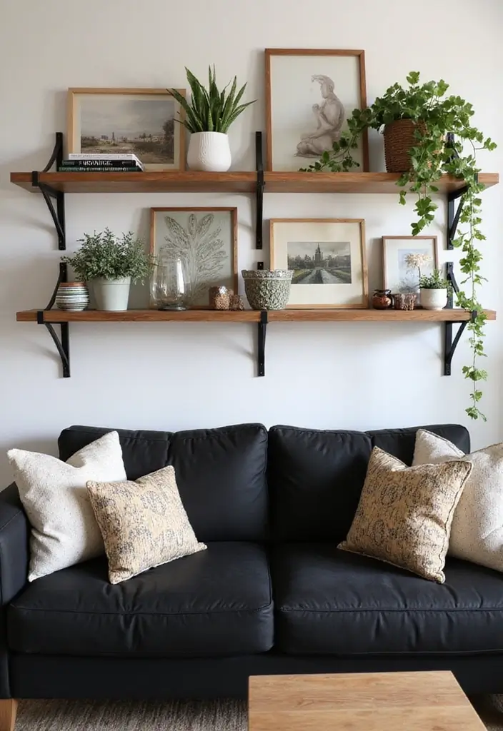 28 Black Couch Boho Living Room Ideas That Feel Cool and Eclectic - 13. Custom Shelving Solutions