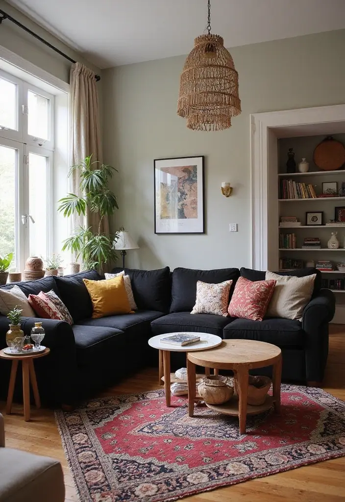 28 Black Couch Boho Living Room Ideas That Feel Cool and Eclectic - 15. Harmonizing Colors