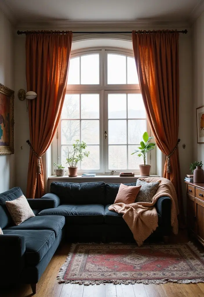 28 Black Couch Boho Living Room Ideas That Feel Cool and Eclectic - 18. Statement Curtains