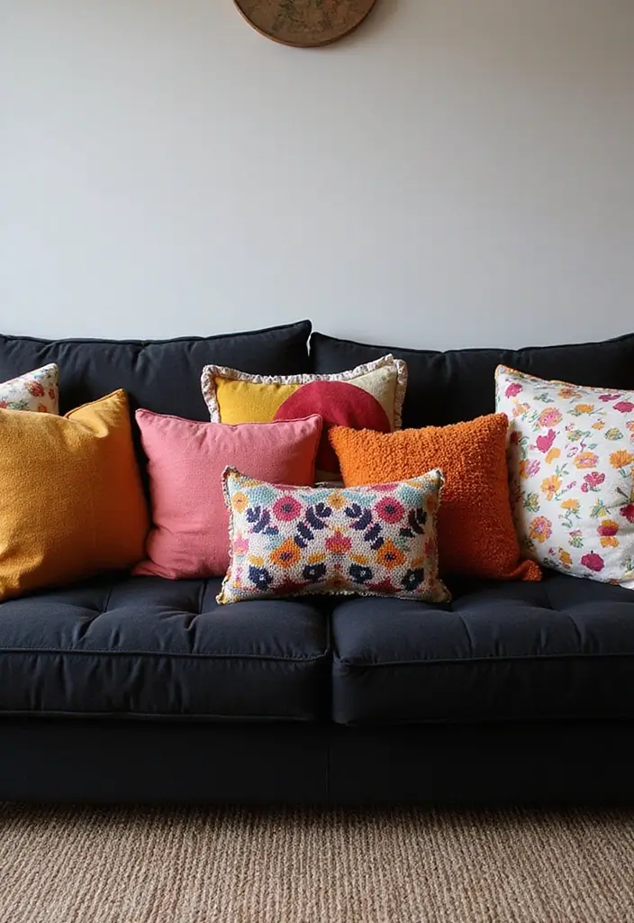 28 Black Couch Boho Living Room Ideas That Feel Cool and Eclectic - 2. Vibrant Throw Pillows