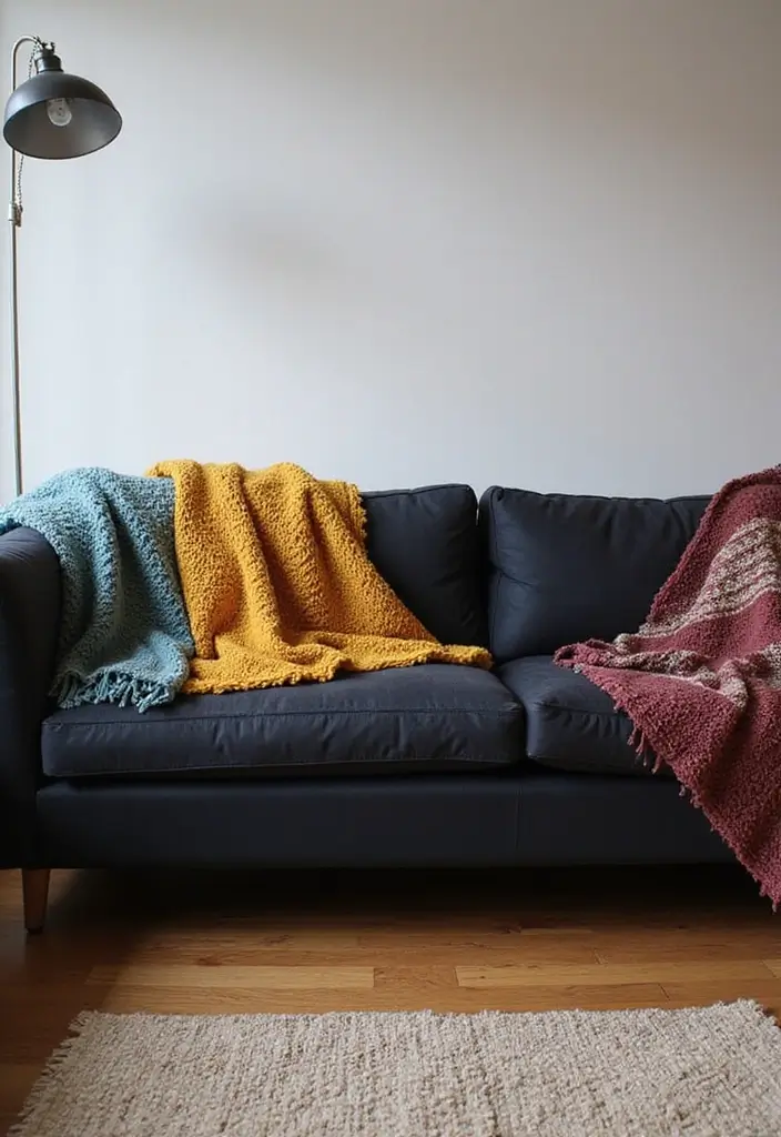28 Black Couch Boho Living Room Ideas That Feel Cool and Eclectic - 20. Layering with Throws