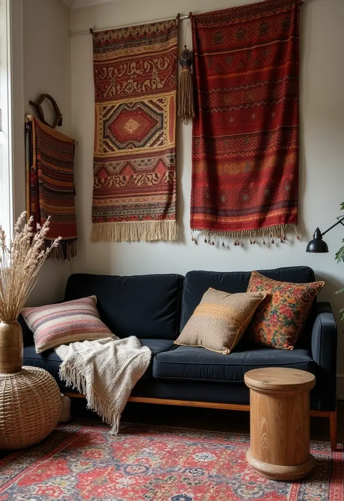 28 Black Couch Boho Living Room Ideas That Feel Cool and Eclectic - 21. Incorporating Textiles