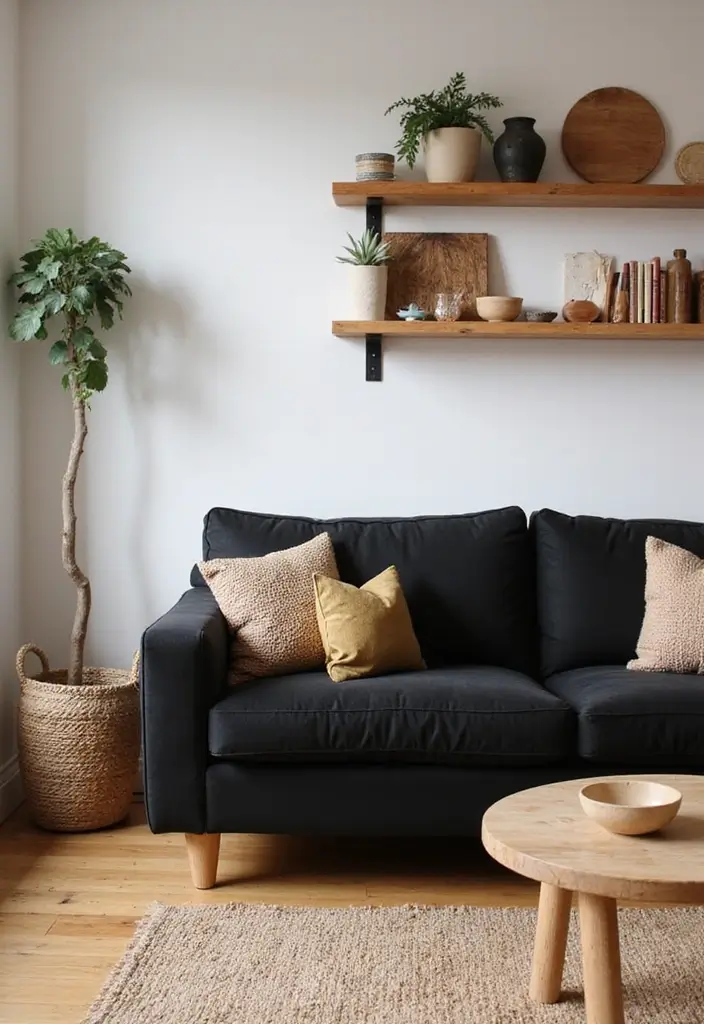 28 Black Couch Boho Living Room Ideas That Feel Cool and Eclectic - 23. Natural Wood Accents