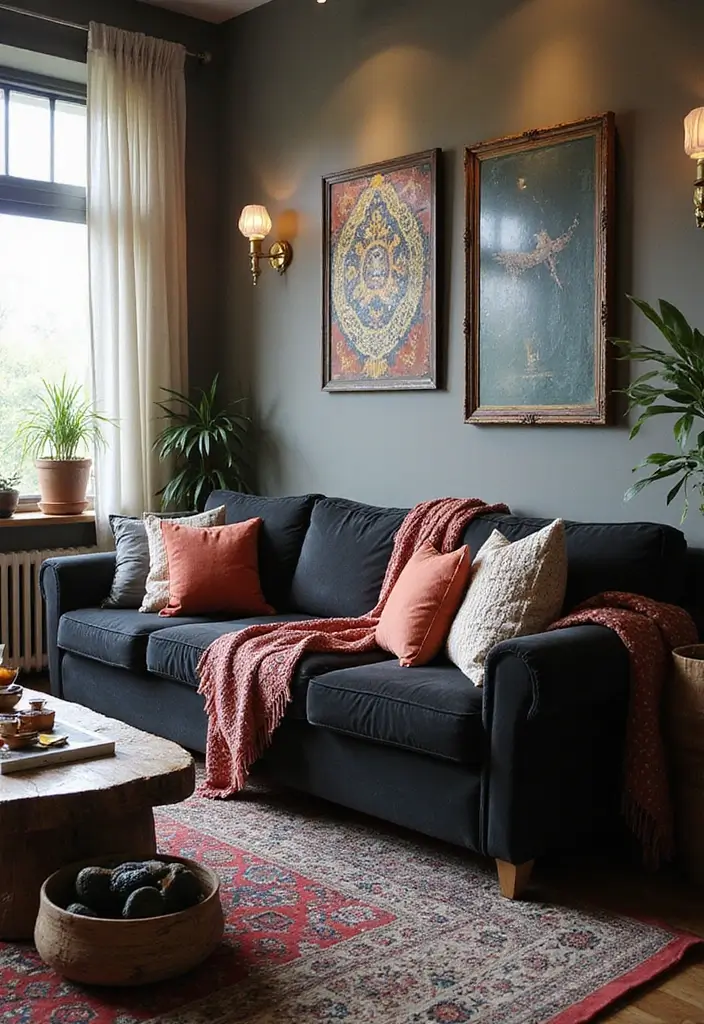 28 Black Couch Boho Living Room Ideas That Feel Cool and Eclectic - 24. Layering for Depth