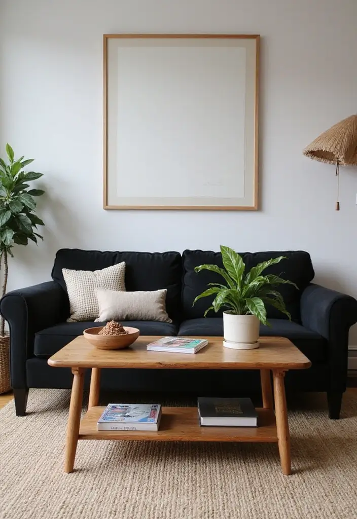 28 Black Couch Boho Living Room Ideas That Feel Cool and Eclectic - 27. Sofa Table Styling