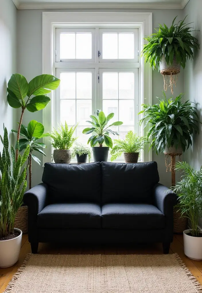 28 Black Couch Boho Living Room Ideas That Feel Cool and Eclectic - 3. Lush Indoor Plants