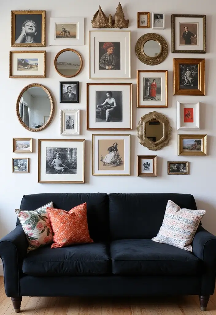 28 Black Couch Boho Living Room Ideas That Feel Cool and Eclectic - 4. Eclectic Gallery Wall