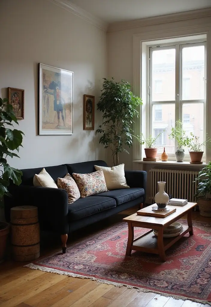 28 Black Couch Boho Living Room Ideas That Feel Cool and Eclectic - 5. Vintage Finds and Thrifting