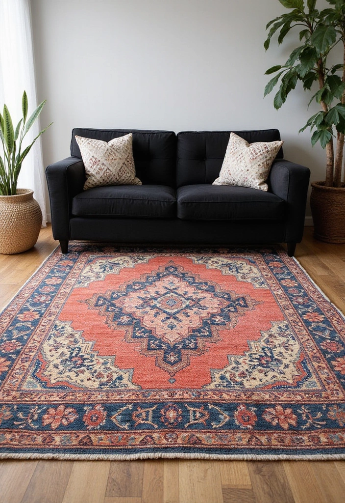 28 Black Couch Boho Living Room Ideas That Feel Cool and Eclectic - 7. Layered Rugs for Comfort