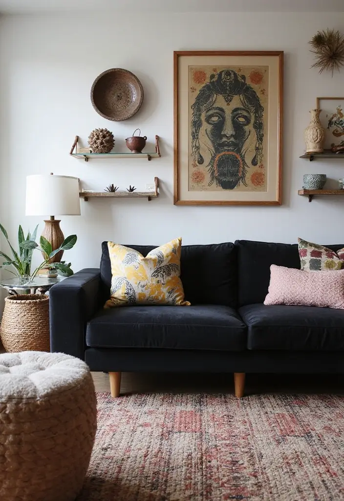 28 Black Couch Boho Living Room Ideas That Feel Cool and Eclectic - 8. Artistic Decor Pieces