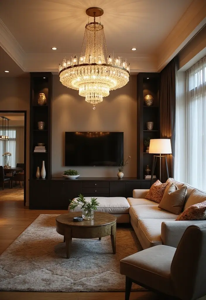 28 Boujee Apartment Living Room Ideas That Exude Glam Luxury - 2. Statement Lighting Fixtures