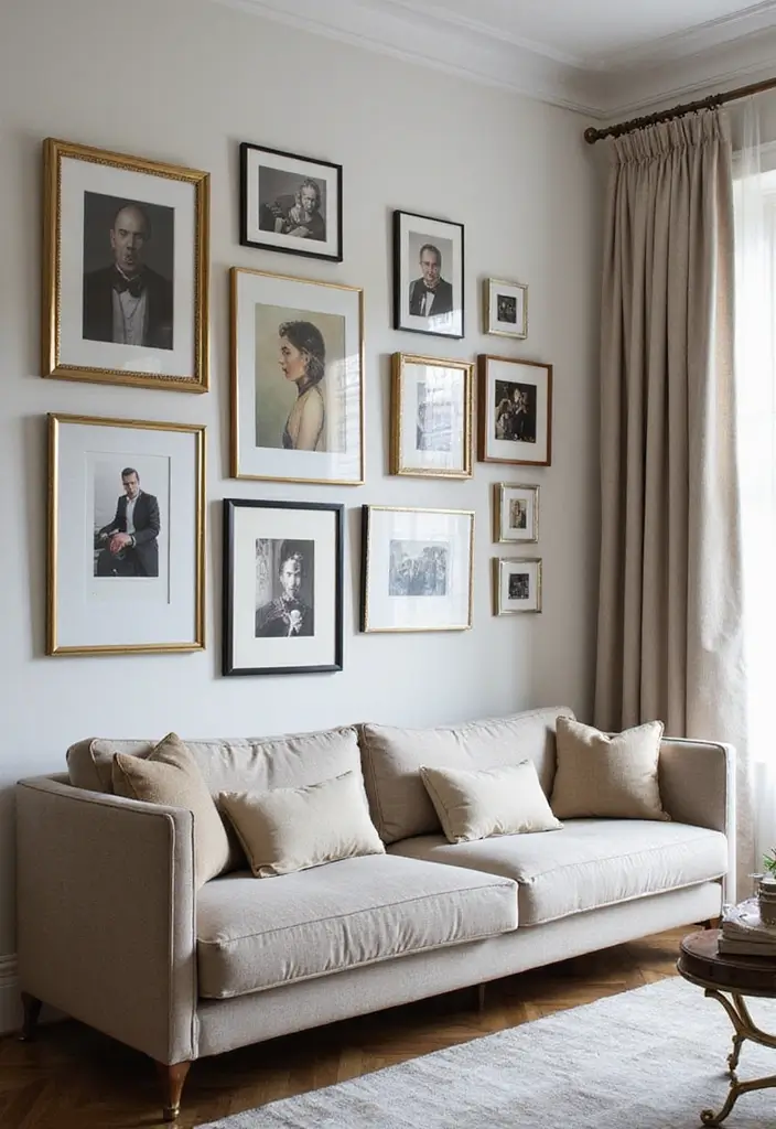 28 Boujee Apartment Living Room Ideas That Exude Glam Luxury - 5. Gallery Wall Glam