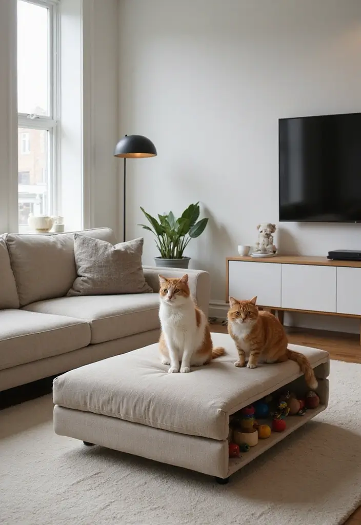 28 Cat Living Room Ideas That Are Pet Friendly and Stylish - 10. Multi-Functional Furniture