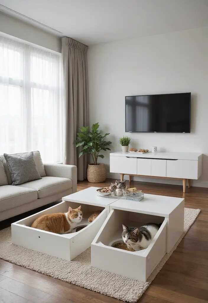 28 Cat Living Room Ideas That Are Pet Friendly and Stylish - 13. Hidden Cat Bowls